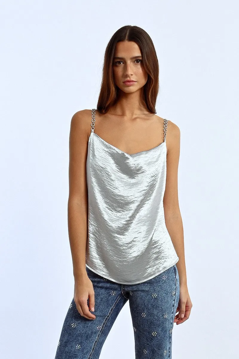 TOP WITH RHINESTONE STRAPS, SATIN EFFECT