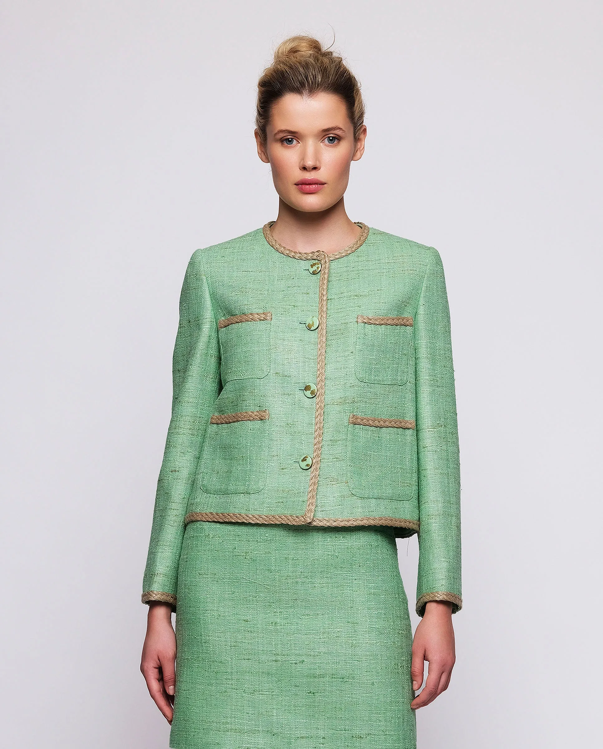 Traje chaqueta y falda verde tweed de seda