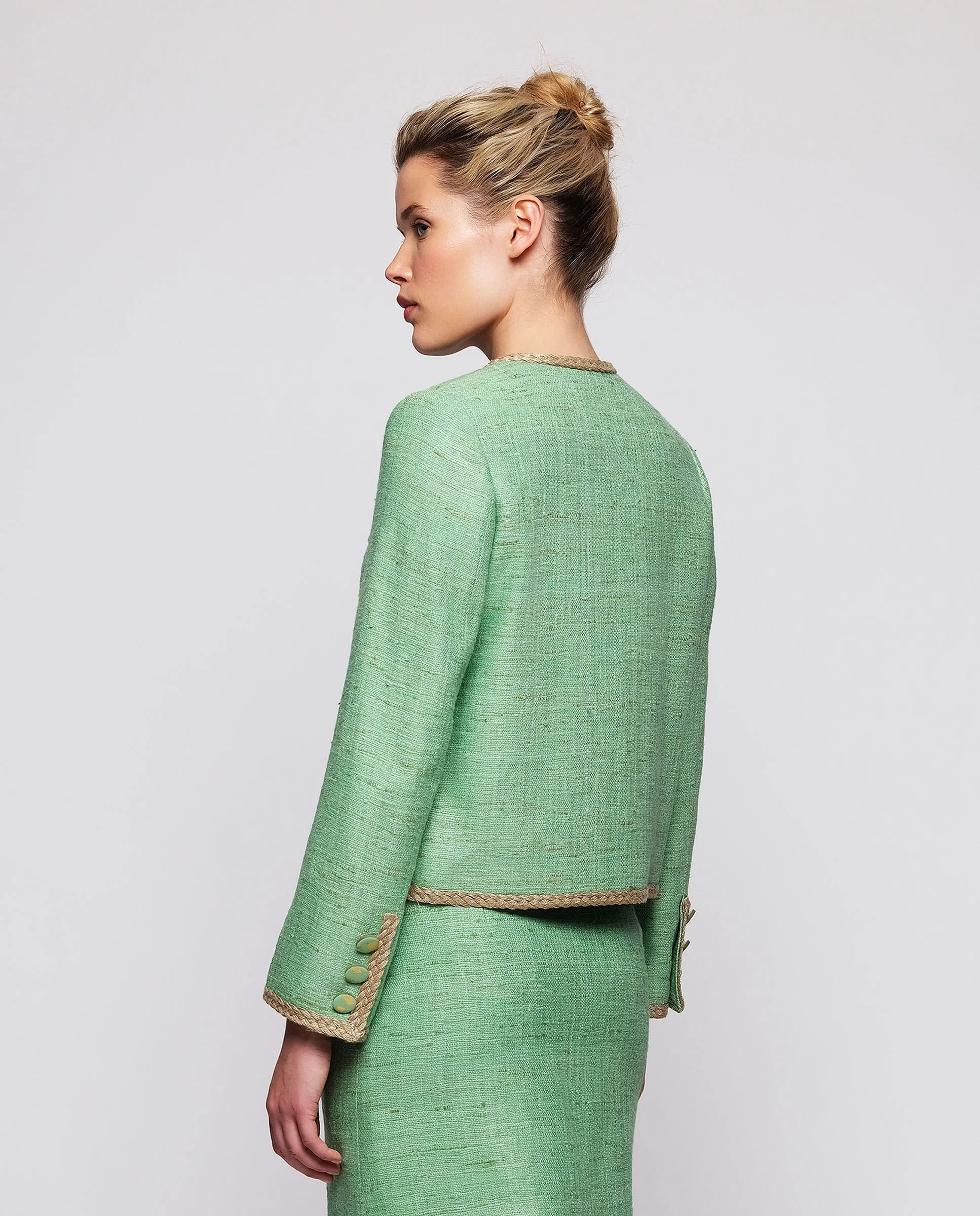 Traje chaqueta y falda verde tweed de seda