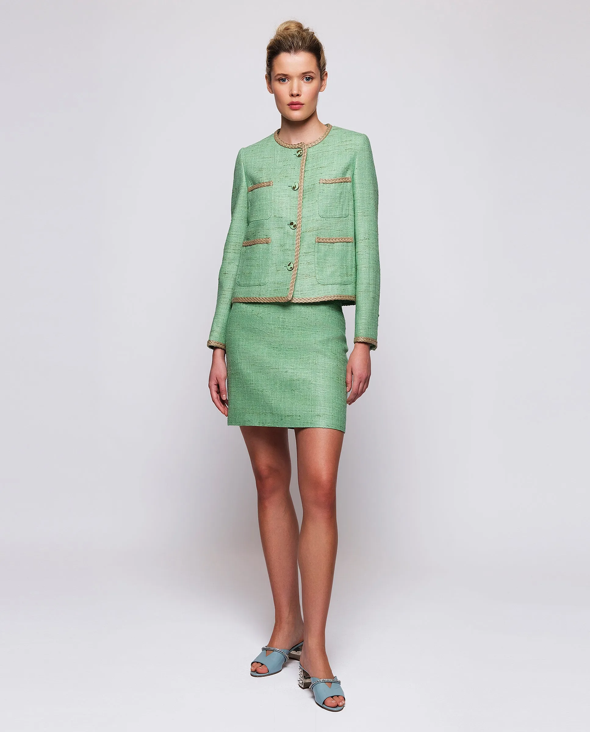 Traje chaqueta y falda verde tweed de seda
