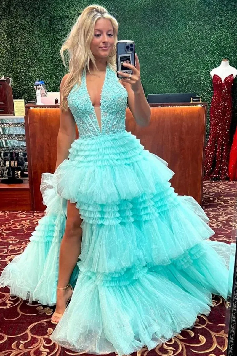 Tulle Appliques Halter Ruffle Tie Ball Gown