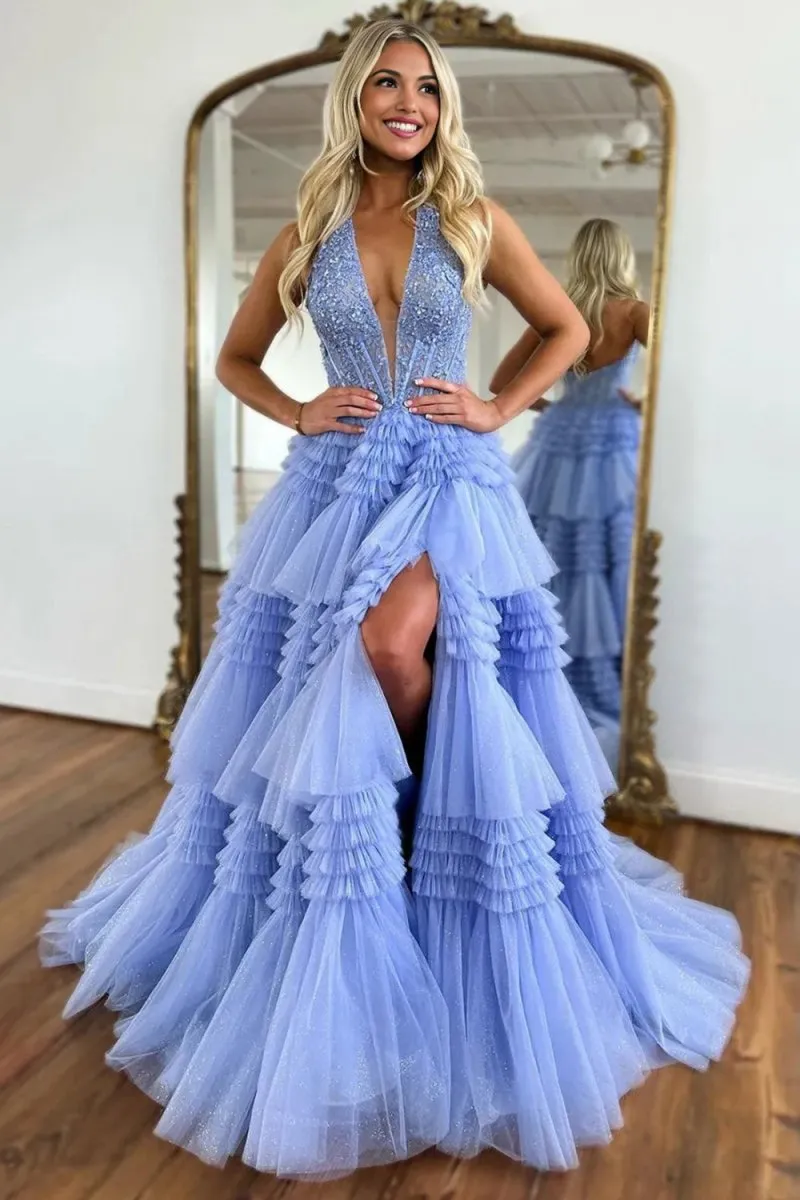 Tulle Appliques Halter Ruffle Tie Ball Gown