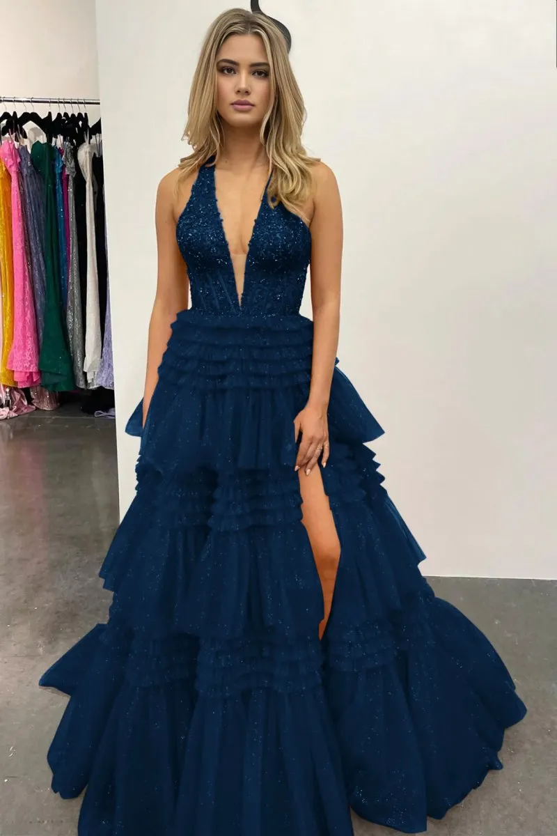 Tulle Appliques Halter Ruffle Tie Ball Gown