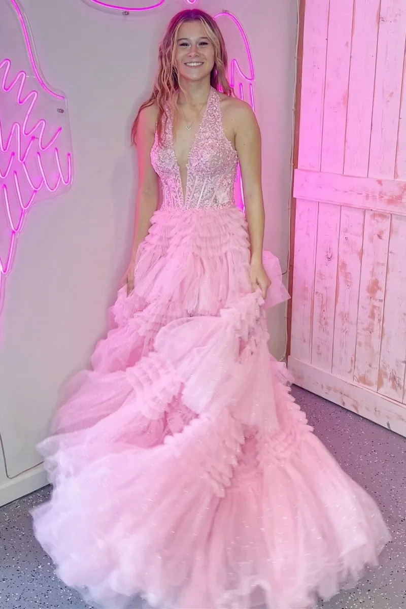 Tulle Appliques Halter Ruffle Tie Ball Gown