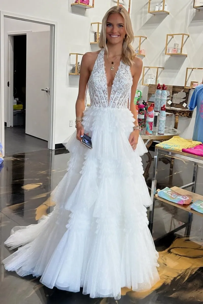 Tulle Appliques Halter Ruffle Tie Ball Gown