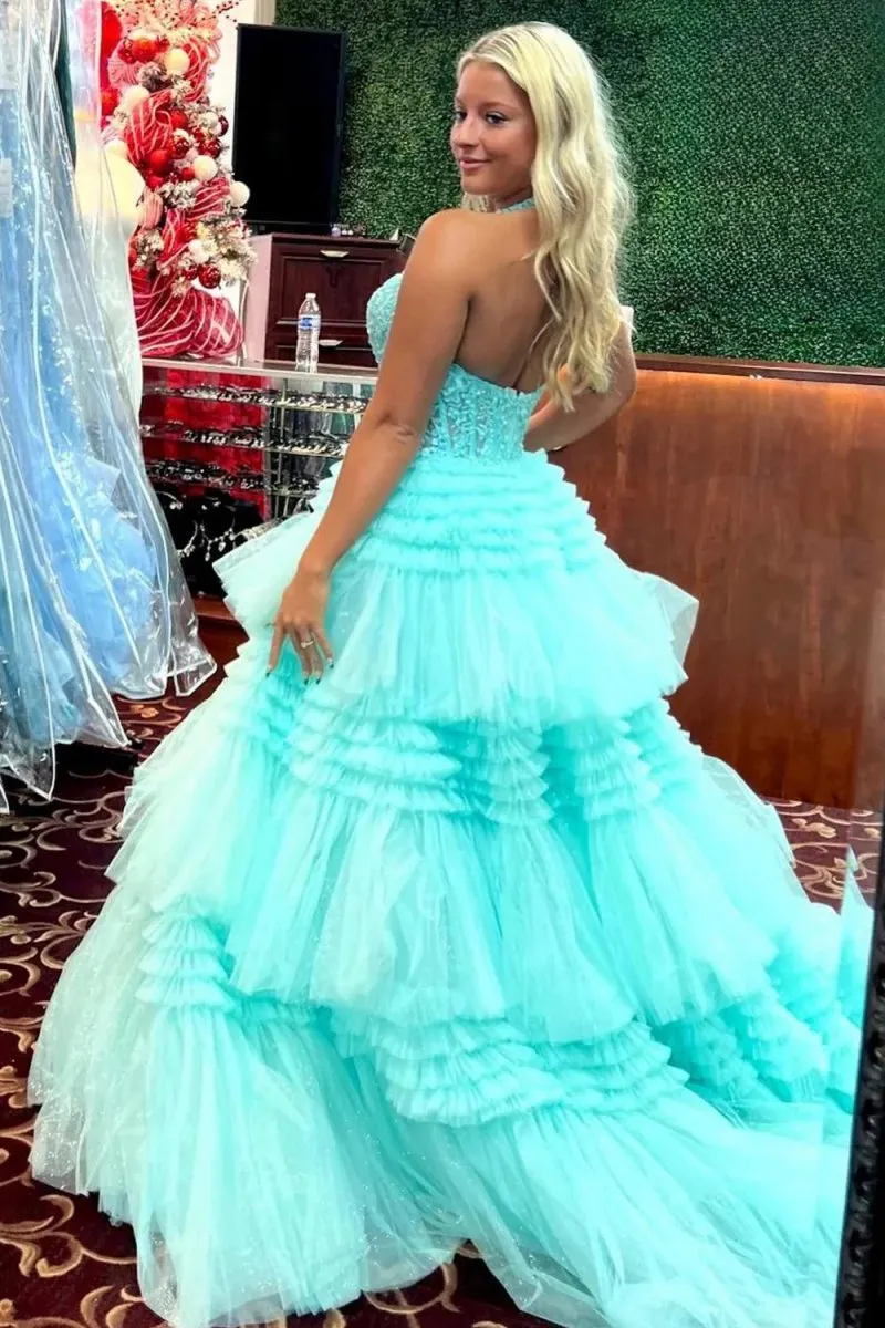 Tulle Appliques Halter Ruffle Tie Ball Gown