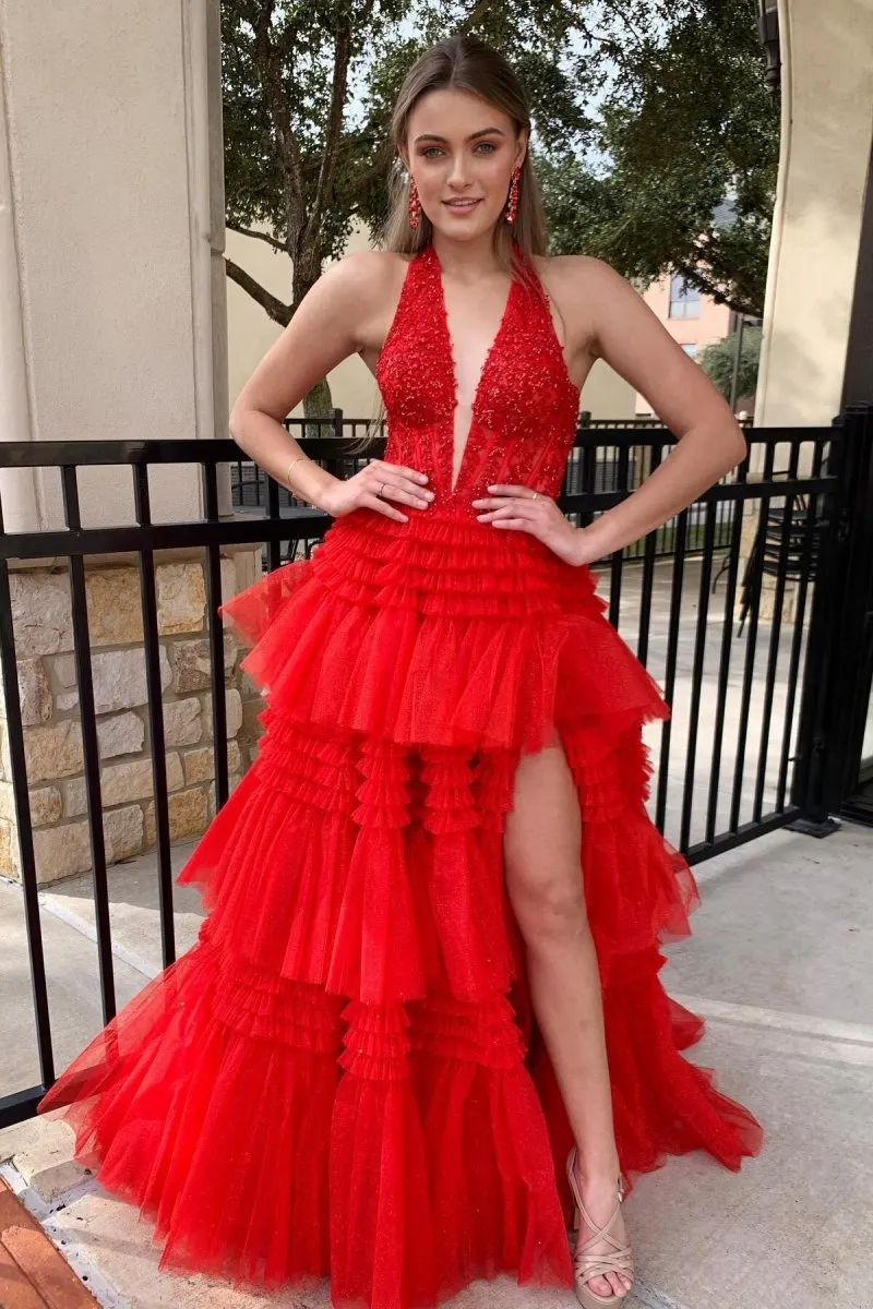 Tulle Appliques Halter Ruffle Tie Ball Gown