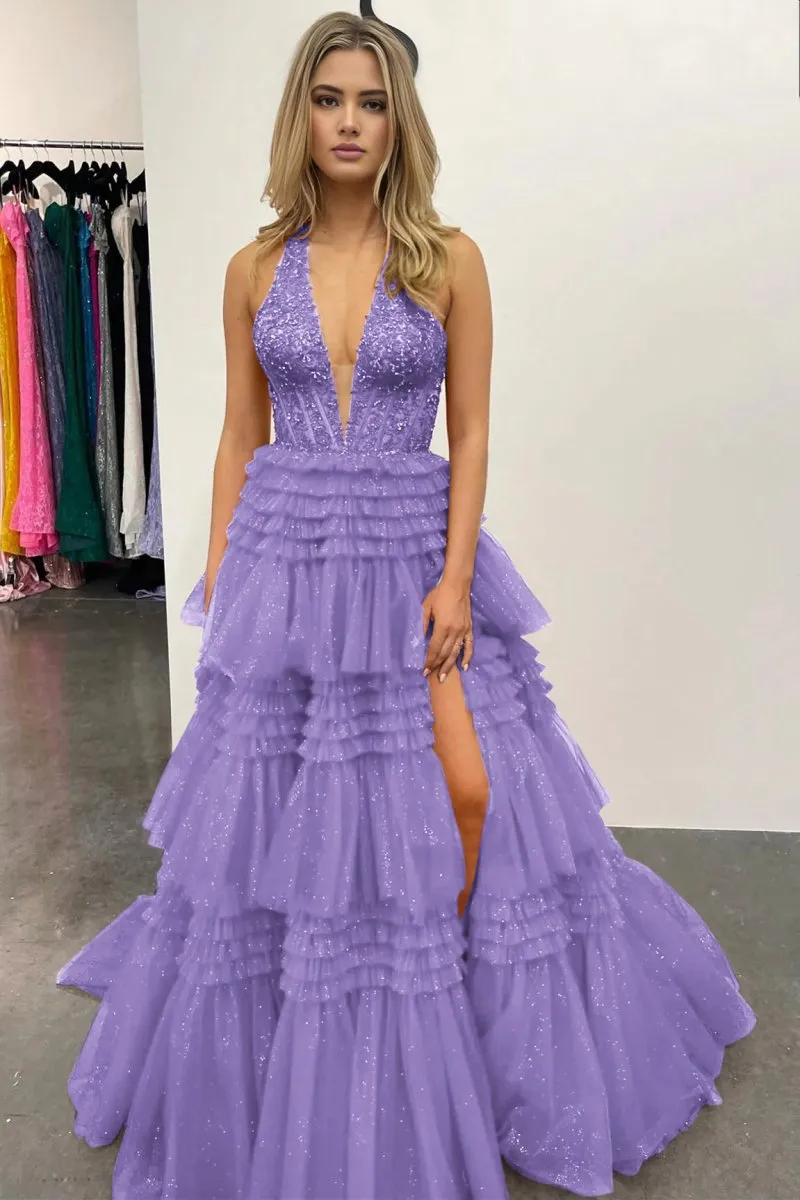 Tulle Appliques Halter Ruffle Tie Ball Gown