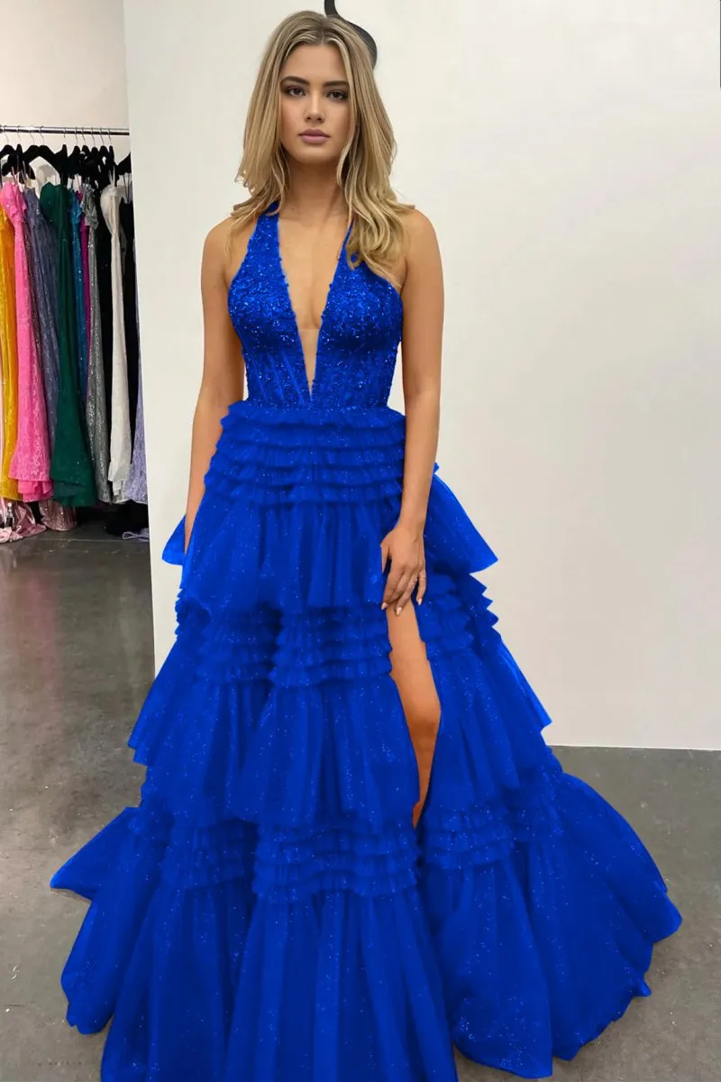 Tulle Appliques Halter Ruffle Tie Ball Gown