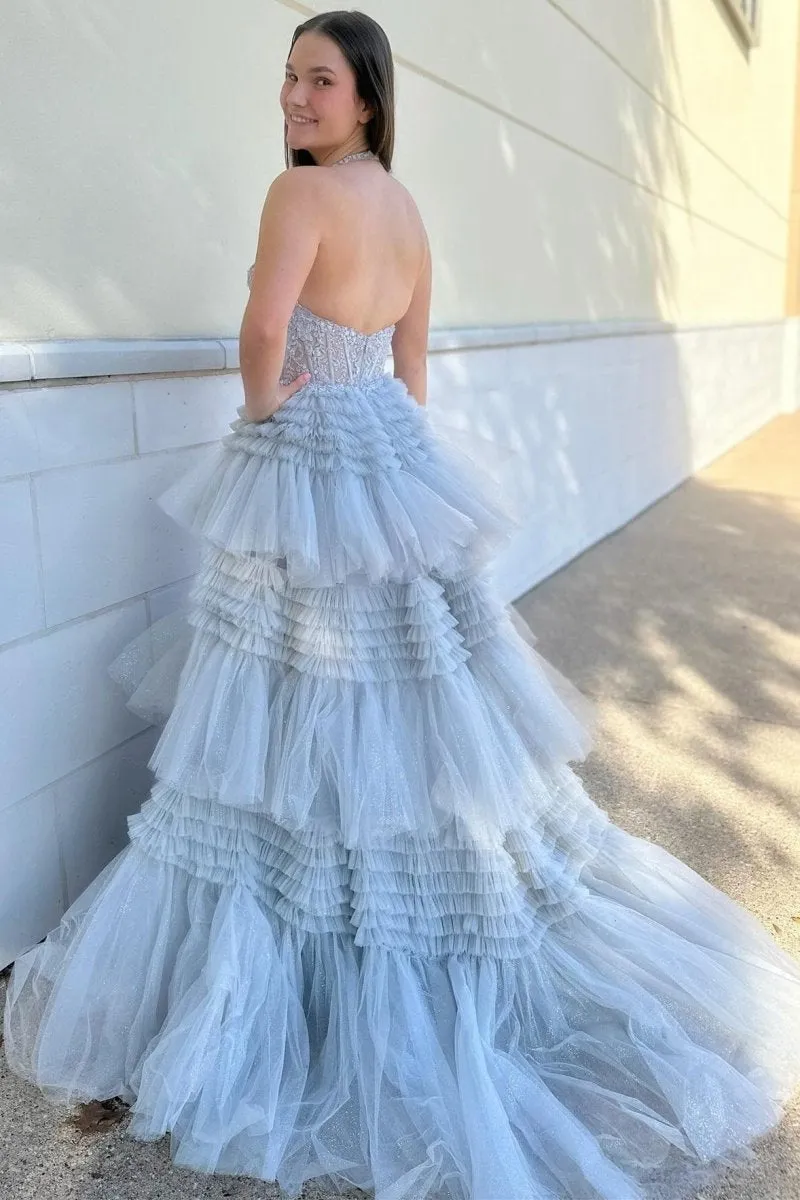 Tulle Appliques Halter Ruffle Tie Ball Gown