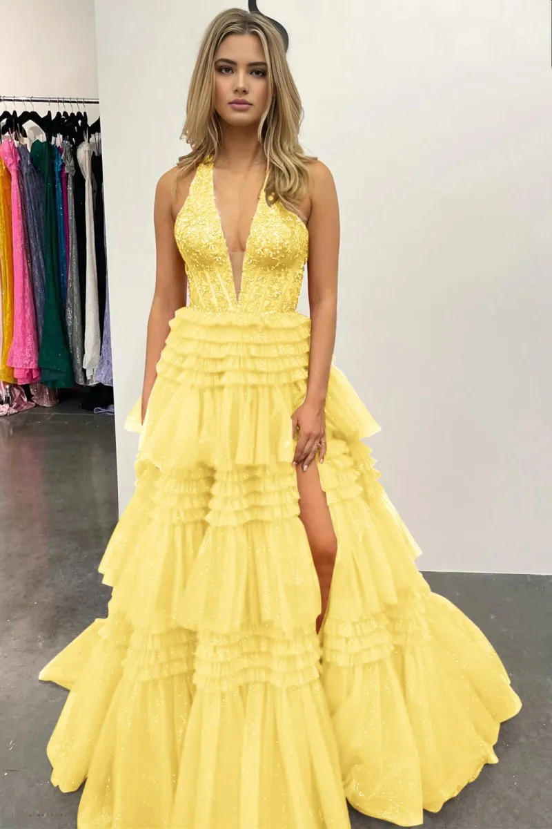 Tulle Appliques Halter Ruffle Tie Ball Gown