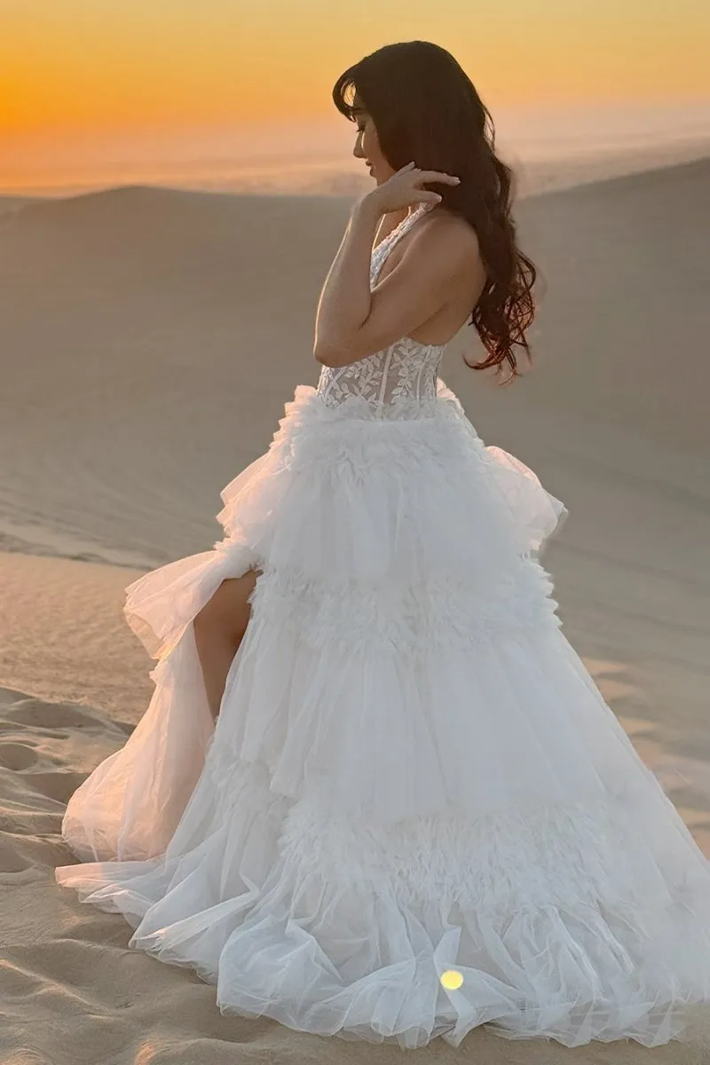 Tulle Appliques Halter Ruffle Tie Ball Gown