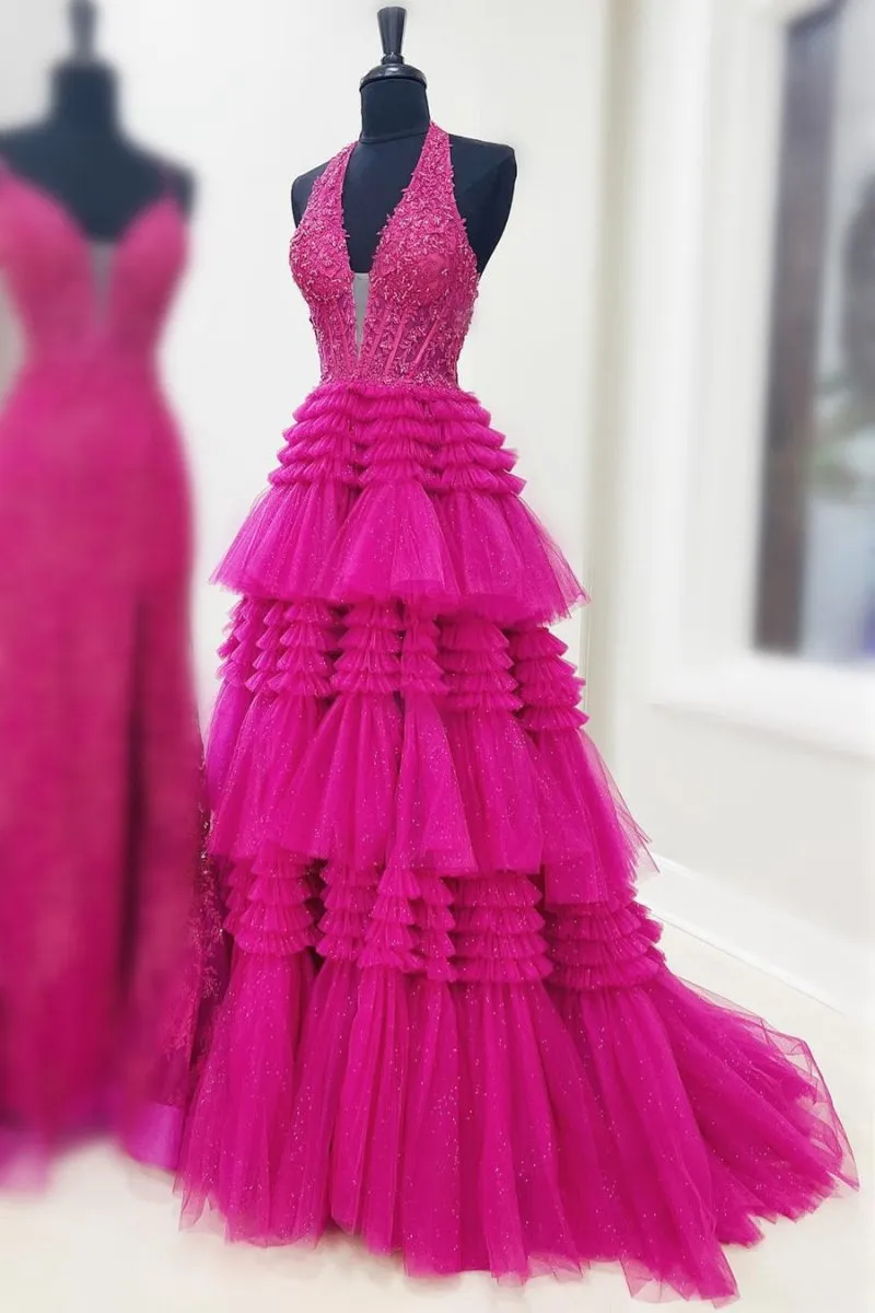 Tulle Appliques Halter Ruffle Tie Ball Gown