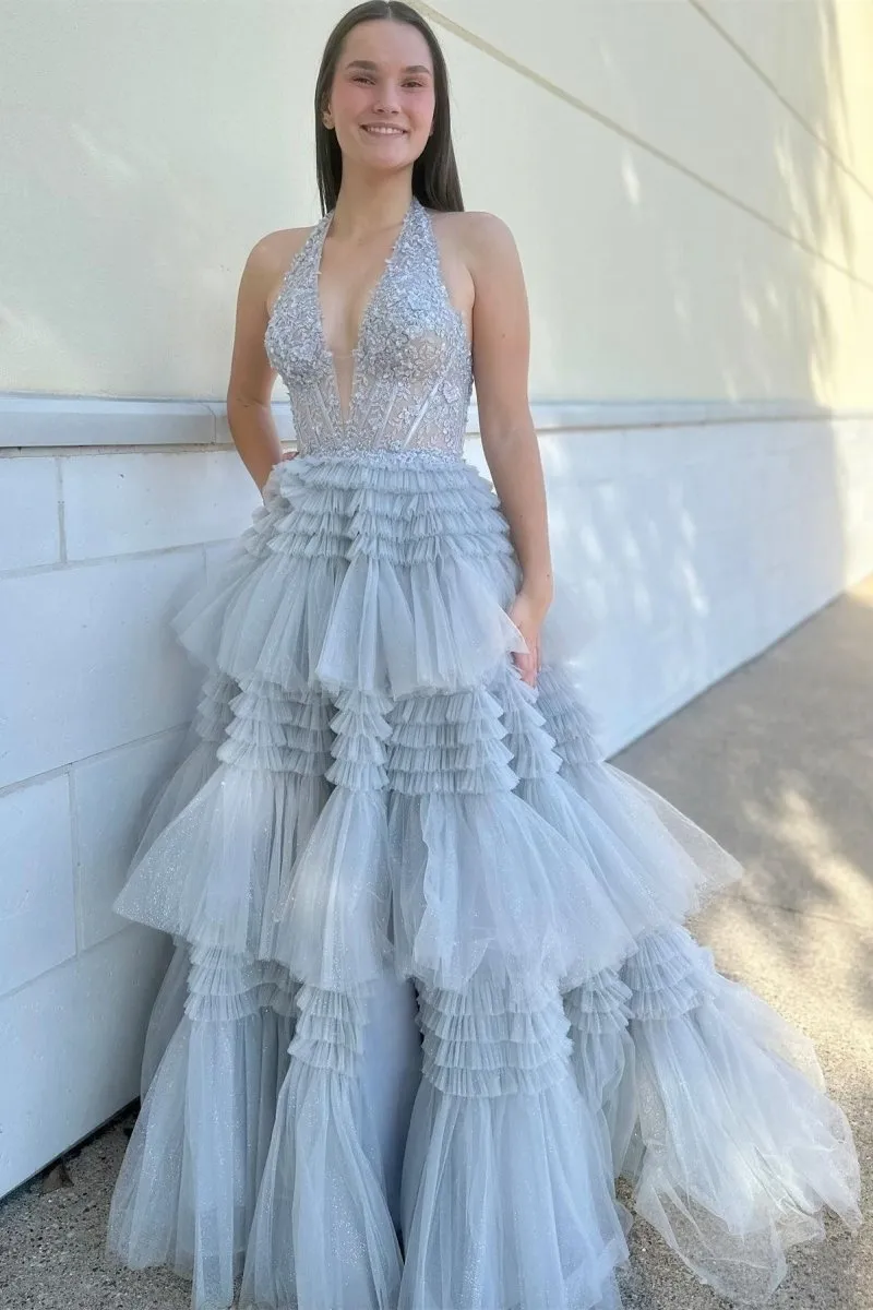 Tulle Appliques Halter Ruffle Tie Ball Gown