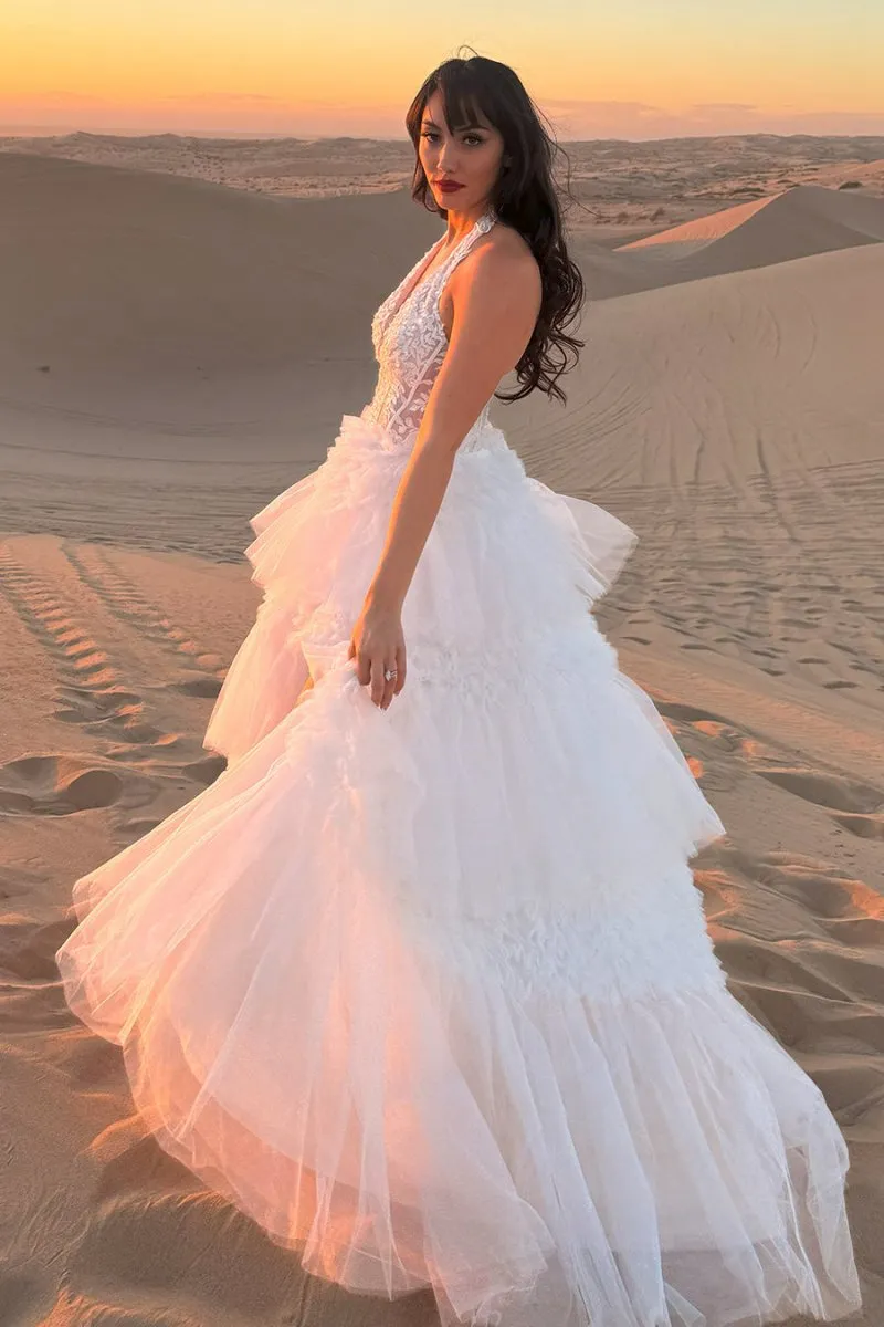 Tulle Appliques Halter Ruffle Tie Ball Gown