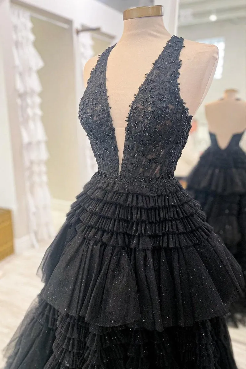 Tulle Appliques Halter Ruffle Tie Ball Gown