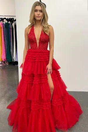 Tulle Appliques Halter Ruffle Tie Ball Gown