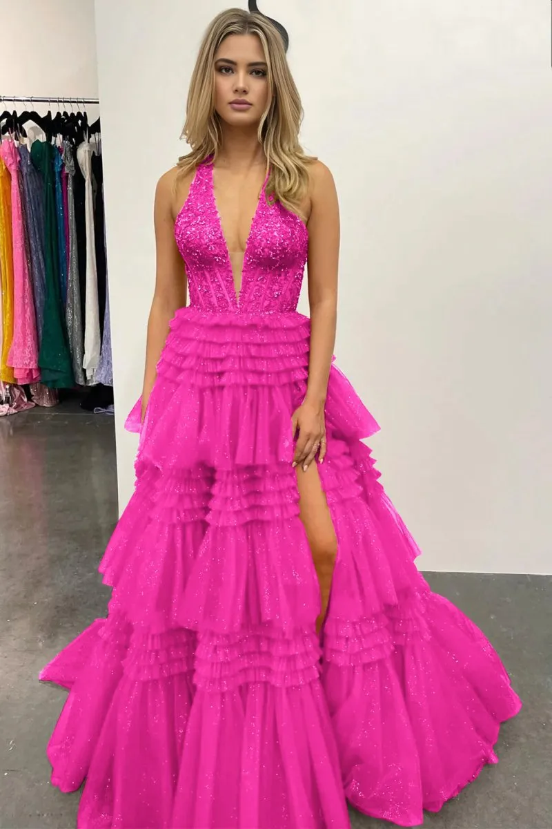 Tulle Appliques Halter Ruffle Tie Ball Gown
