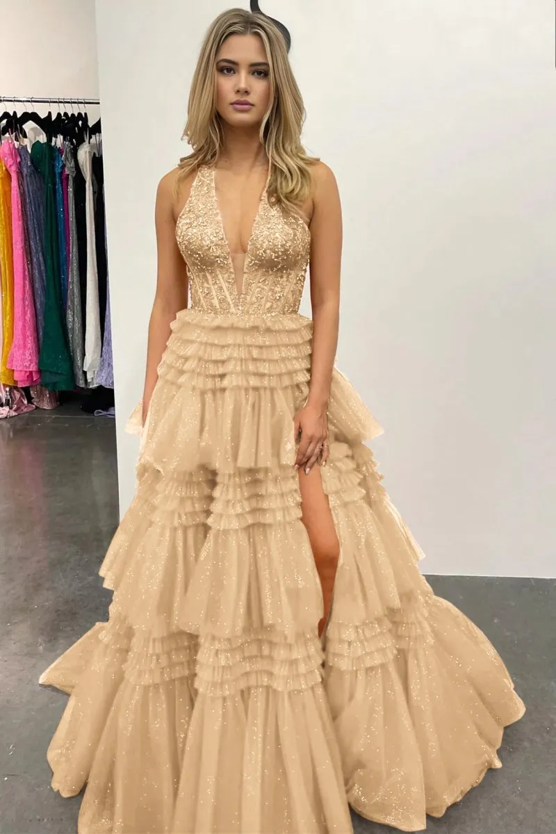 Tulle Appliques Halter Ruffle Tie Ball Gown