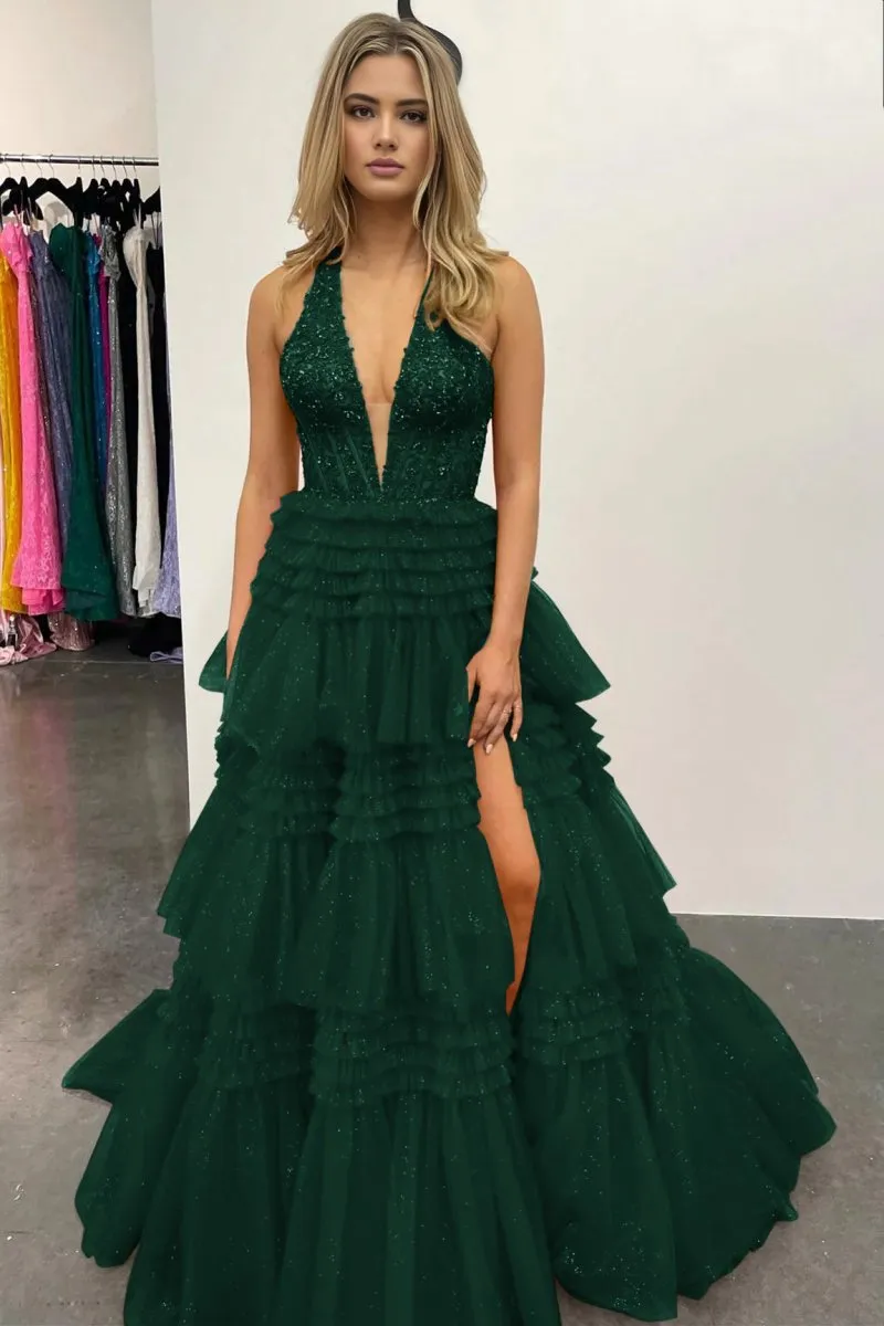 Tulle Appliques Halter Ruffle Tie Ball Gown