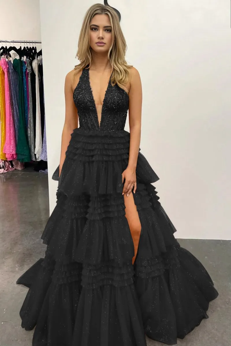 Tulle Appliques Halter Ruffle Tie Ball Gown
