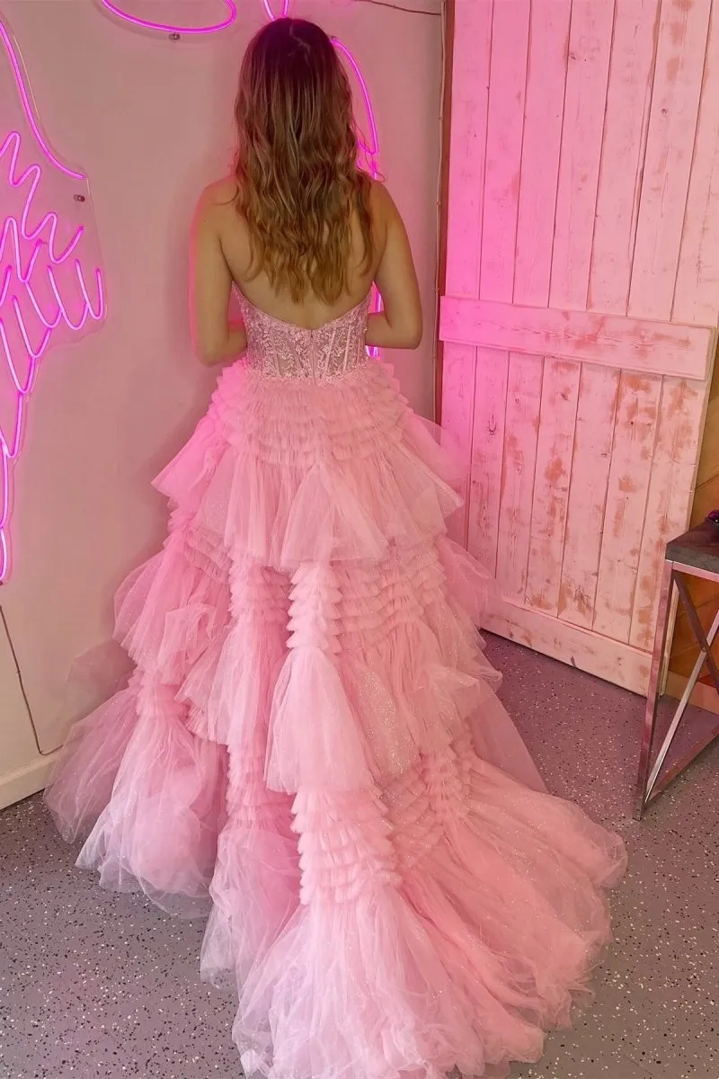 Tulle Appliques Halter Ruffle Tie Ball Gown