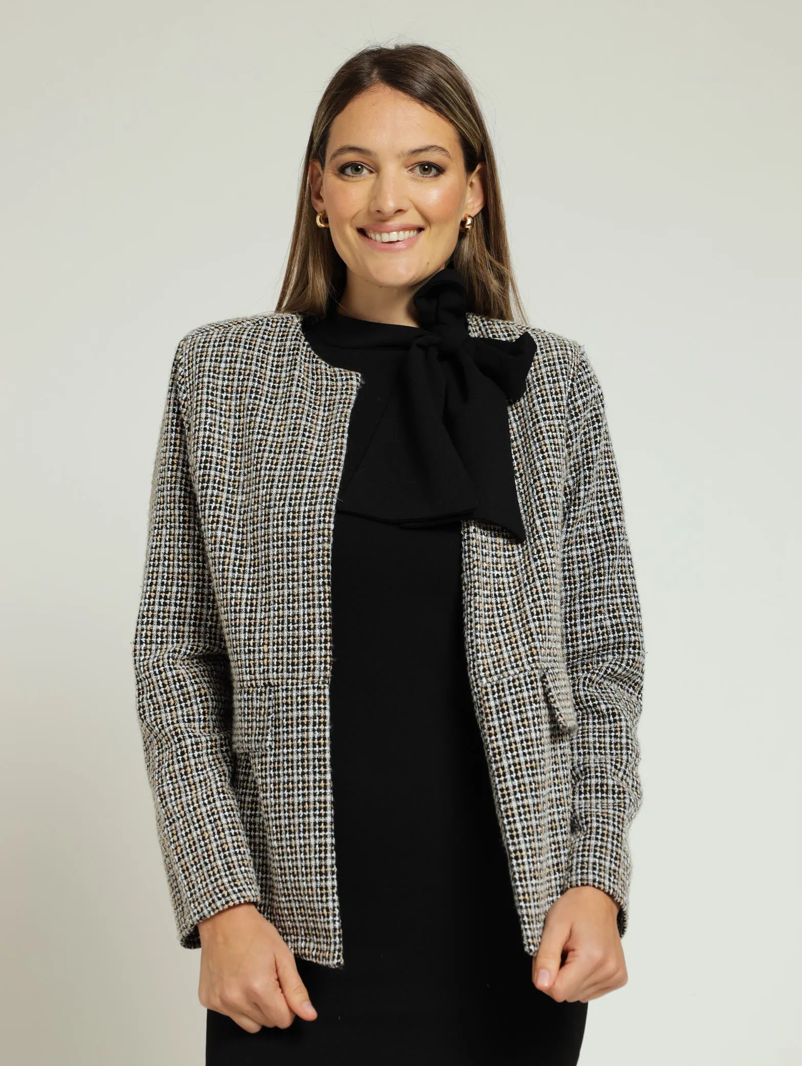Tweed Collarless Jacket - Black