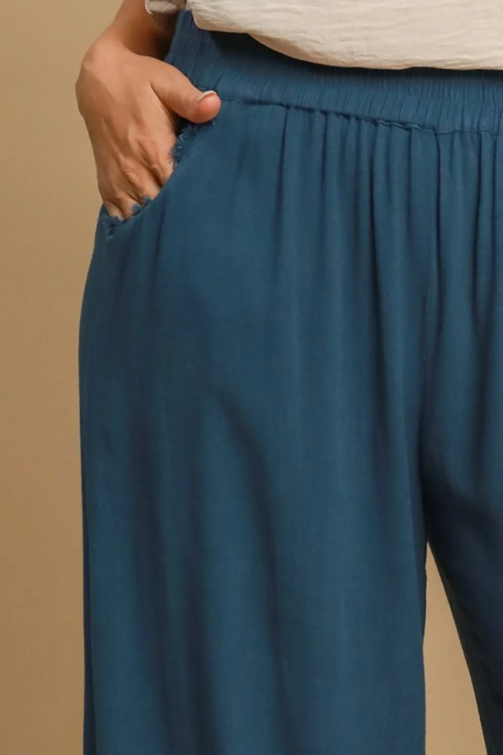 Umgee Linen Blend Elastic Waistband Wide Leg Pants