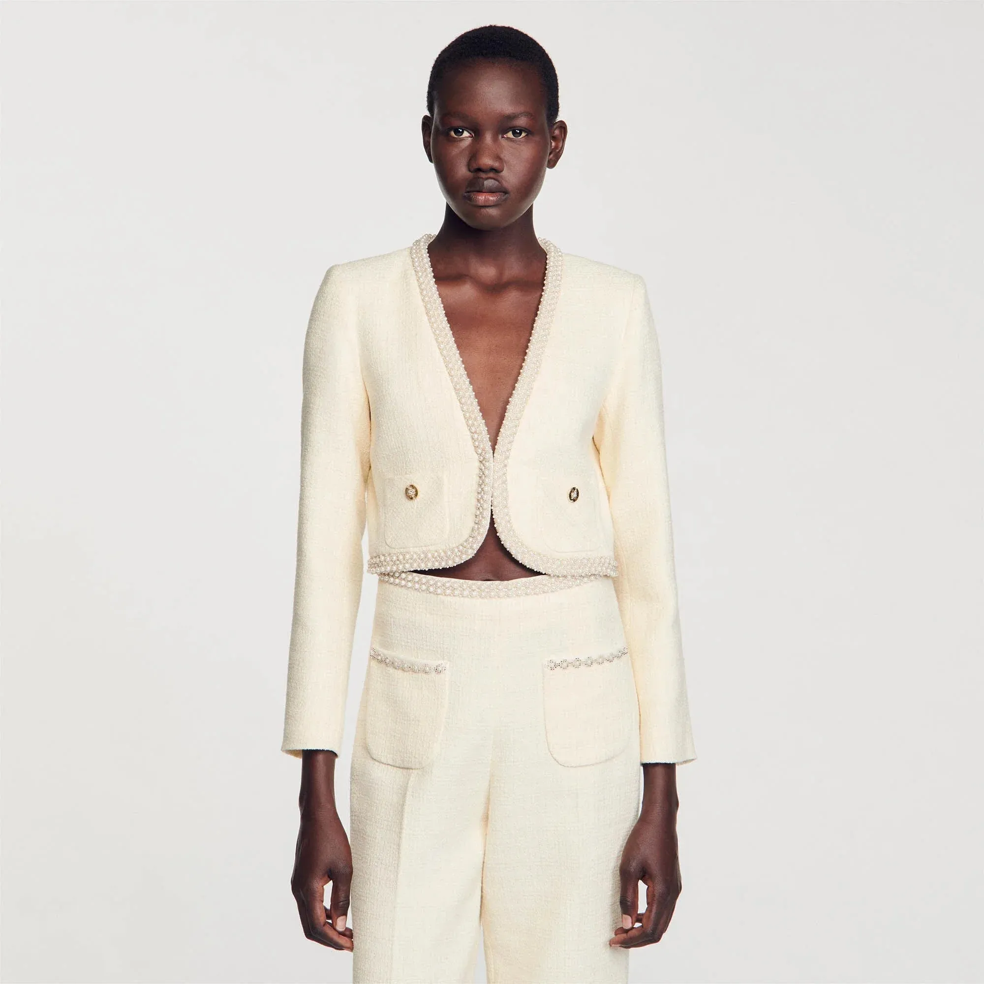 Vayene Cropped Tweed Jacket Ecru