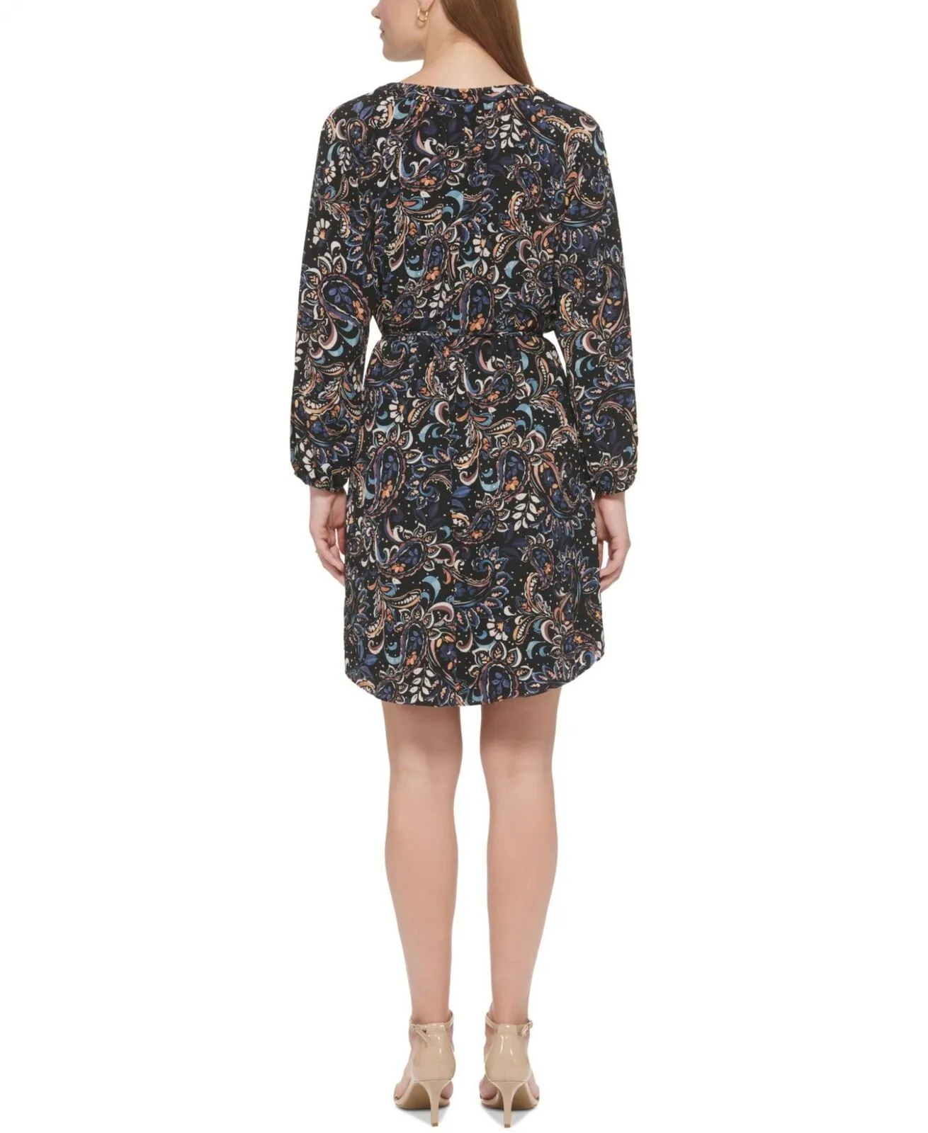 Vince Camuto Women's Printed Balloon-Sleeve Belted Dress VC2M3956 Black Multi 8