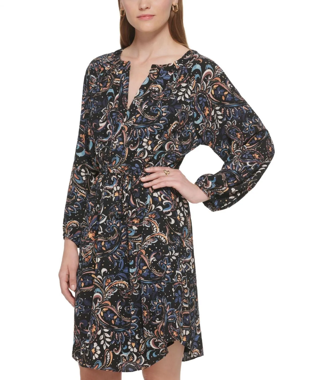 Vince Camuto Women's Printed Balloon-Sleeve Belted Dress VC2M3956 Black Multi 8