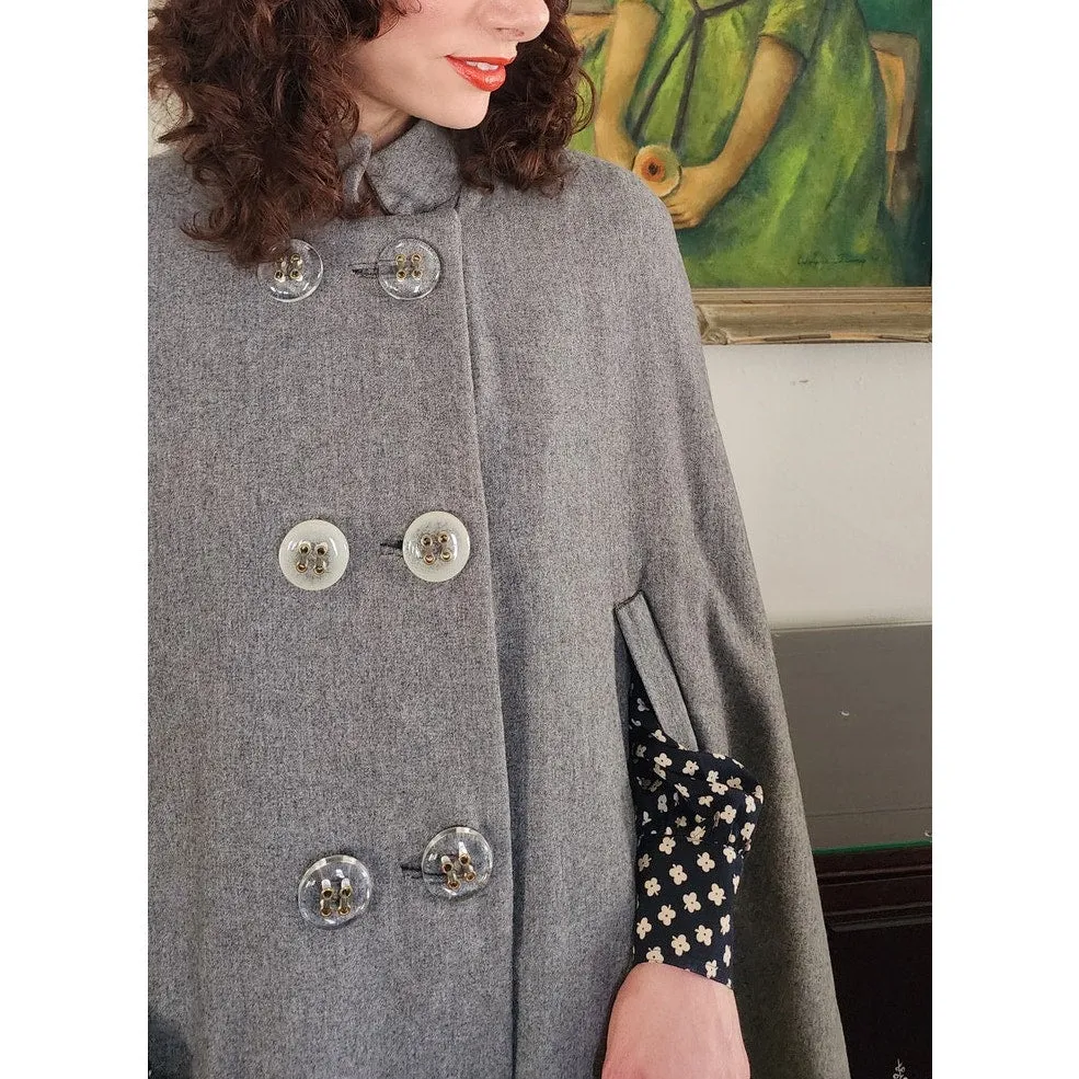 Vintage 60s Cape Gray Wool Clear Lucite Buttons Mod Cloak / M