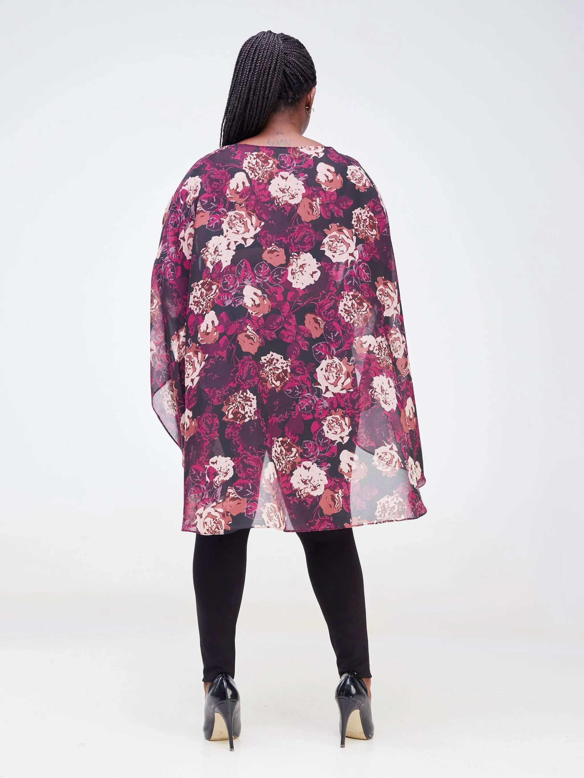 Vivo Sana Cape Top - Black / Burgundy Floral Print