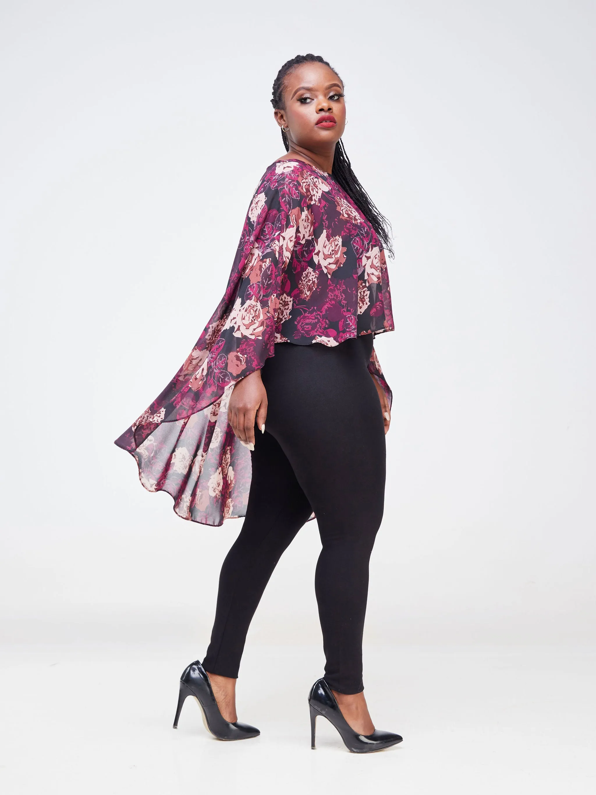 Vivo Sana Cape Top - Black / Burgundy Floral Print