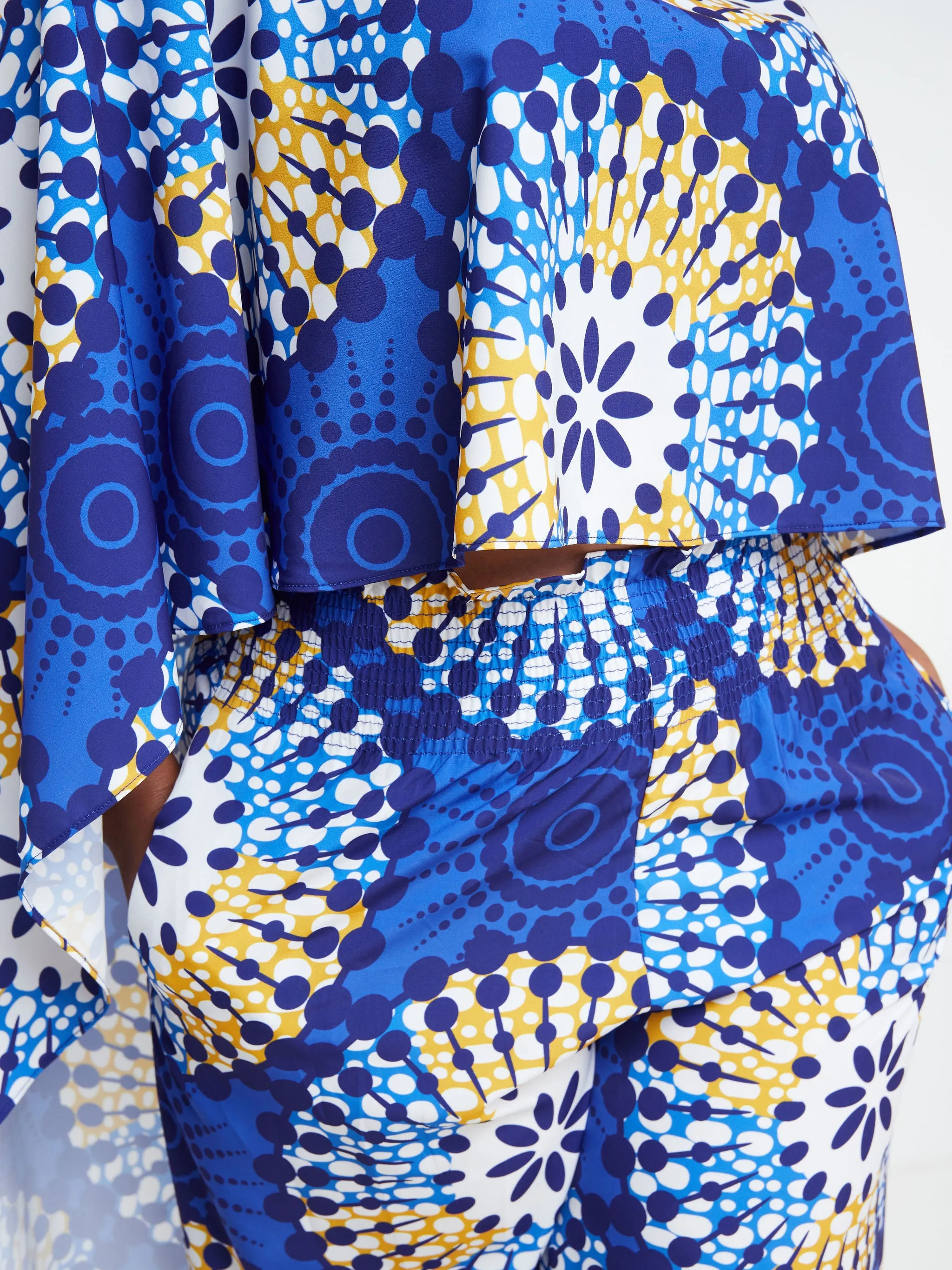 Vivo Sana Cape Top - Mustard / Blue Abstract Print