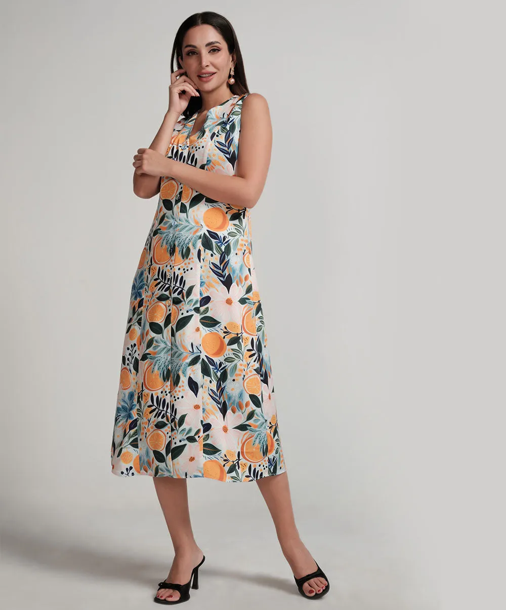 Vneck Sleeveless Satin Printed Shift Dress