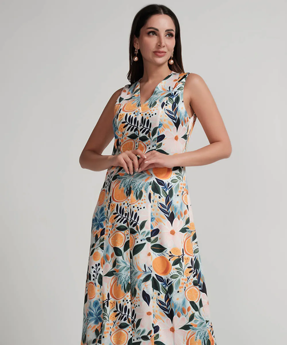 Vneck Sleeveless Satin Printed Shift Dress