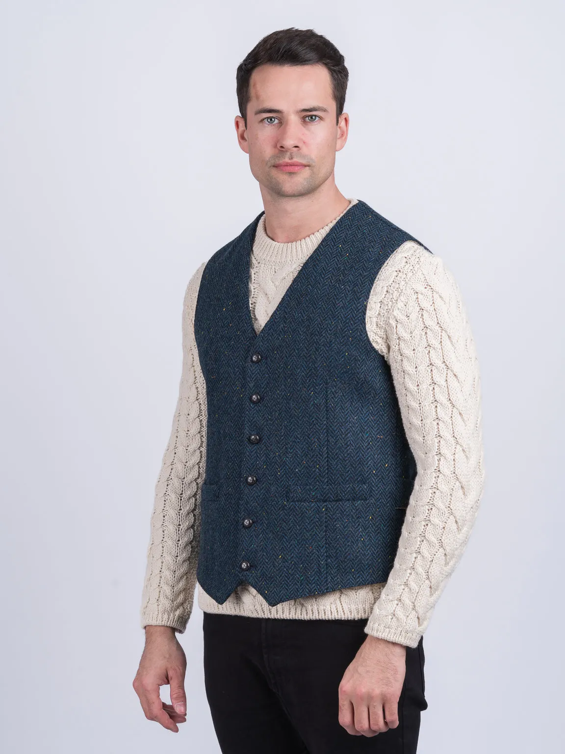 W.B Yeats  Blue Herringbone Tweed Waistcoat & Vest