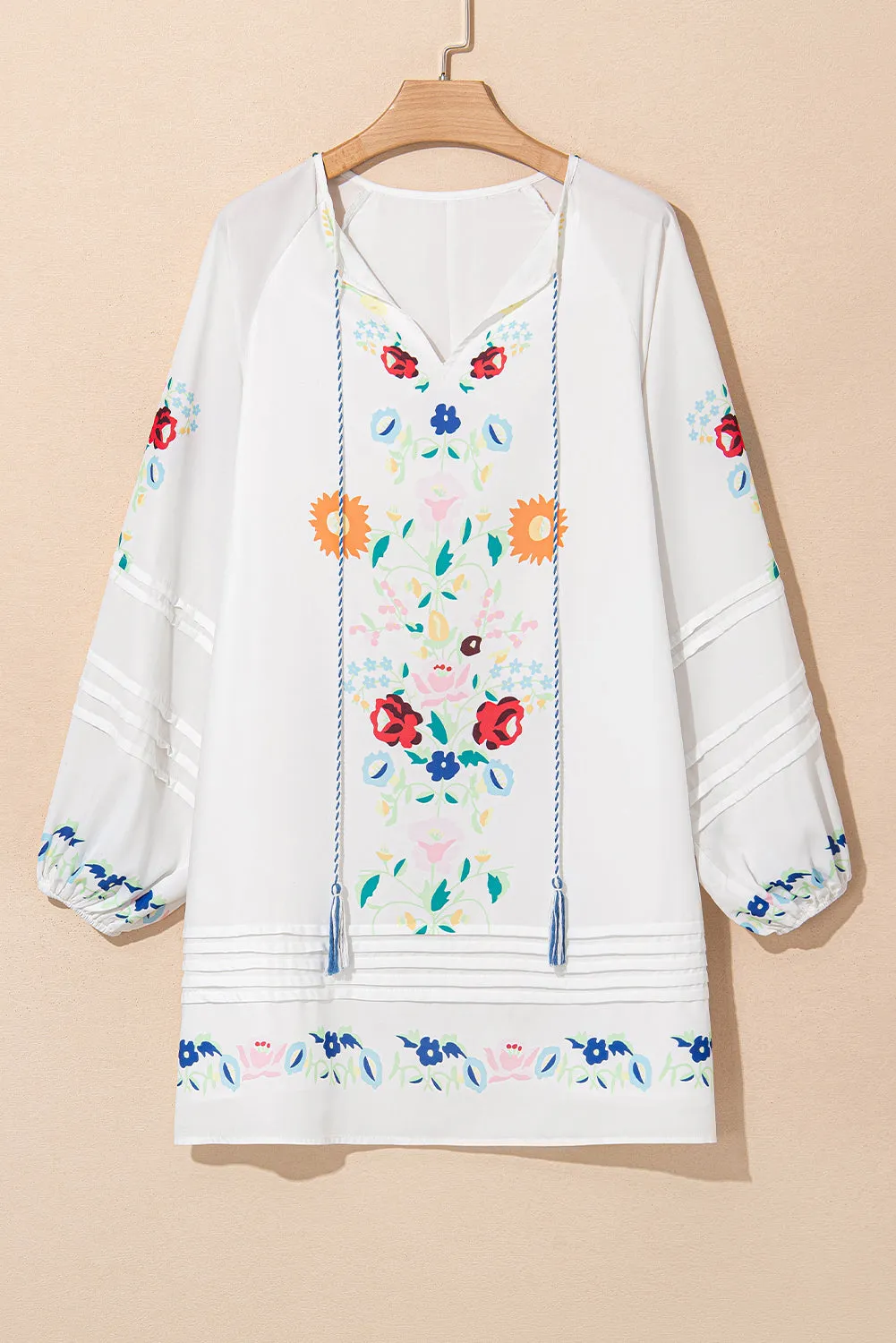 White Floral Print Boho Tassel Tie Split Neck Tucking Detail Puff Sleeve Mini Dress