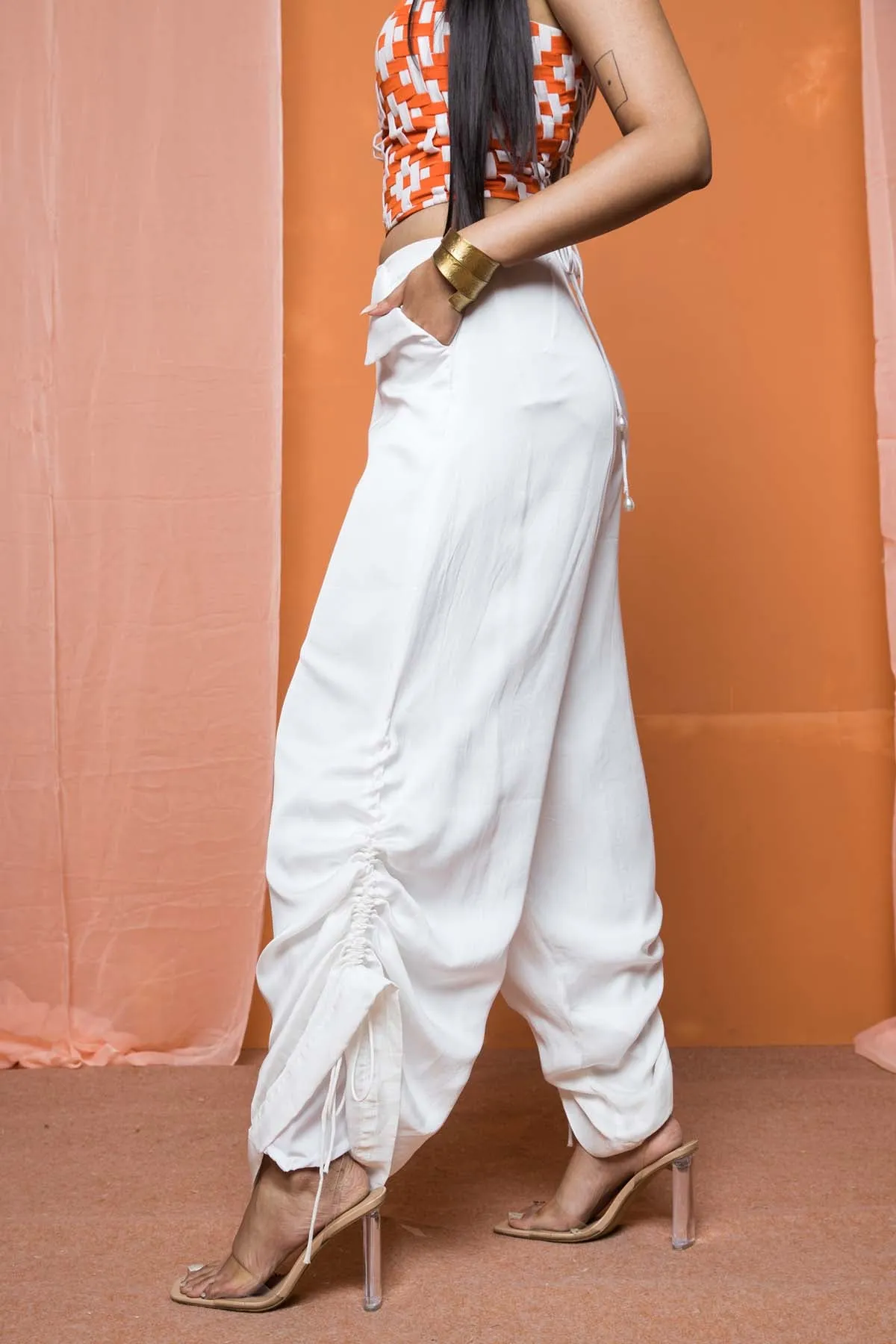 White Ruching Wide Leg Pants