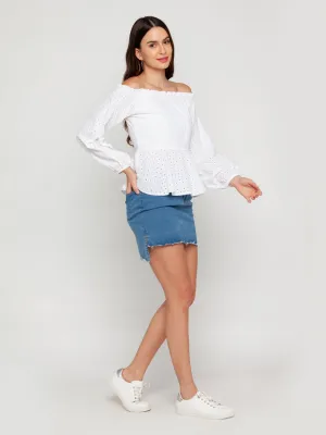 White Self Design Off-shoulder Top