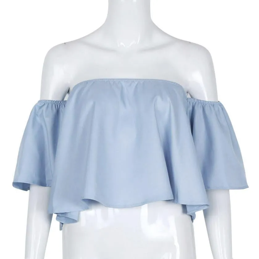Women Blouses Casual Women Tops Flare Sleeve Strapless Off Shoulder Tops Women Shirts