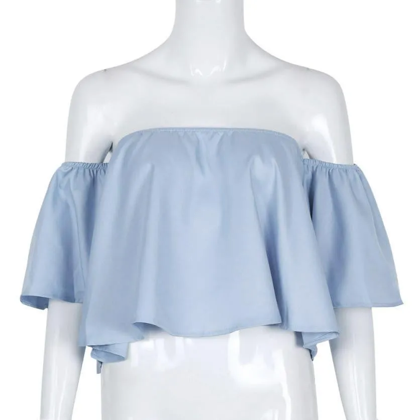 Women Blouses Solid Off Shoulder Slash Neck Flare Sleeve Women Tops #2611