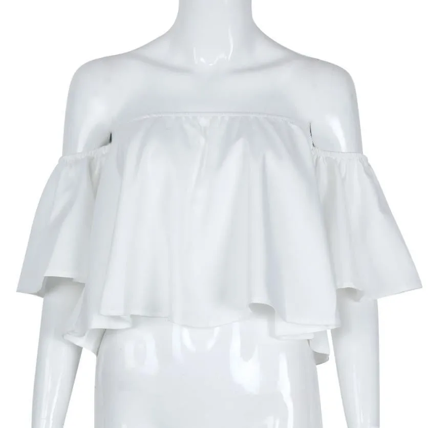 Women Blouses Solid Off Shoulder Slash Neck Flare Sleeve Women Tops #2611