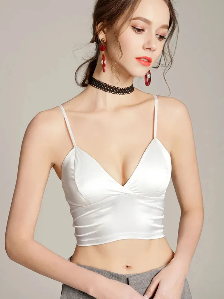 Women Halter Spaghetti Strap Top Sexy V Neck Black White Camis Sleeveless Satin Silk Tank Tops Women Summer Camisole with pad