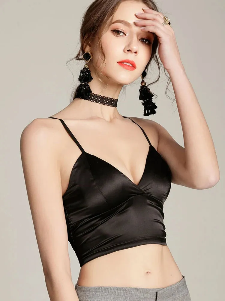 Women Halter Spaghetti Strap Top Sexy V Neck Black White Camis Sleeveless Satin Silk Tank Tops Women Summer Camisole with pad