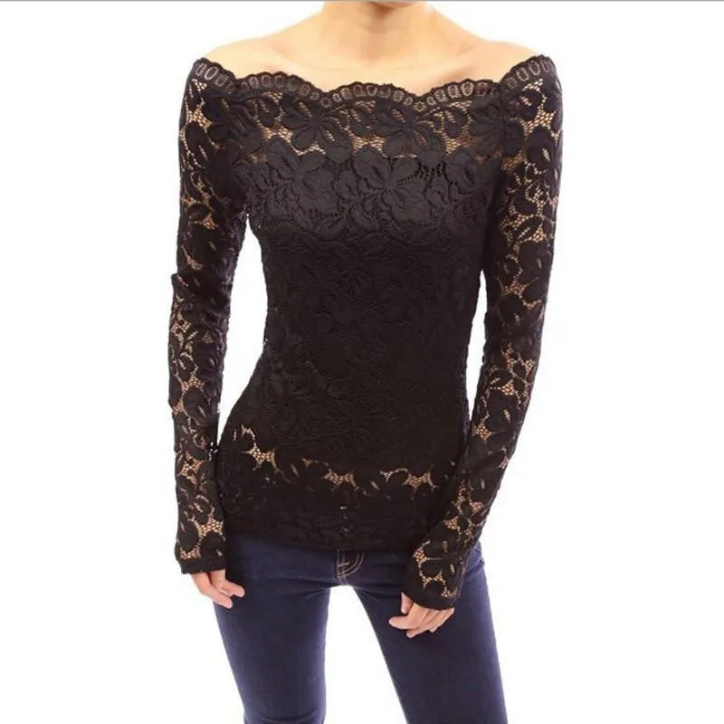Women Off Shoulder Slash Neck Lace Crochet Solid Shirts Long Sleeve Slim Casual Basic Tops Blouses
