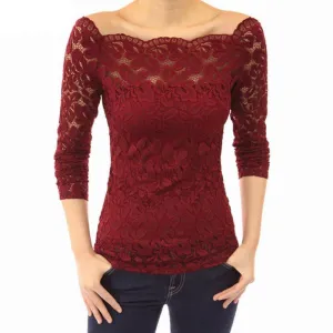 Women Off Shoulder Slash Neck Lace Crochet Solid Shirts Long Sleeve Slim Casual Basic Tops Blouses