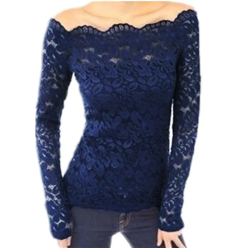 Women Off Shoulder Slash Neck Lace Crochet Solid Shirts Long Sleeve Slim Casual Basic Tops Blouses