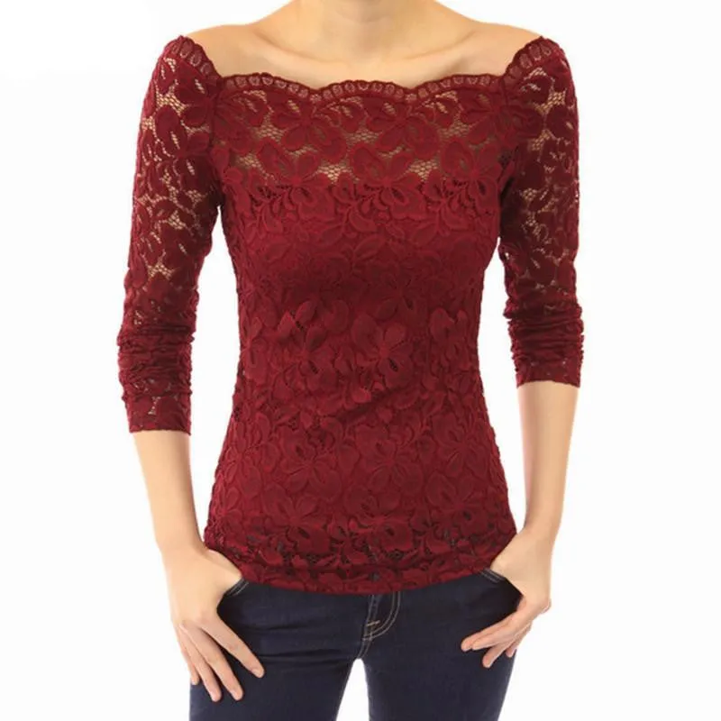 Women Off Shoulder Slash Neck Lace Crochet Solid Shirts Long Sleeve Slim Casual Basic Tops Blouses